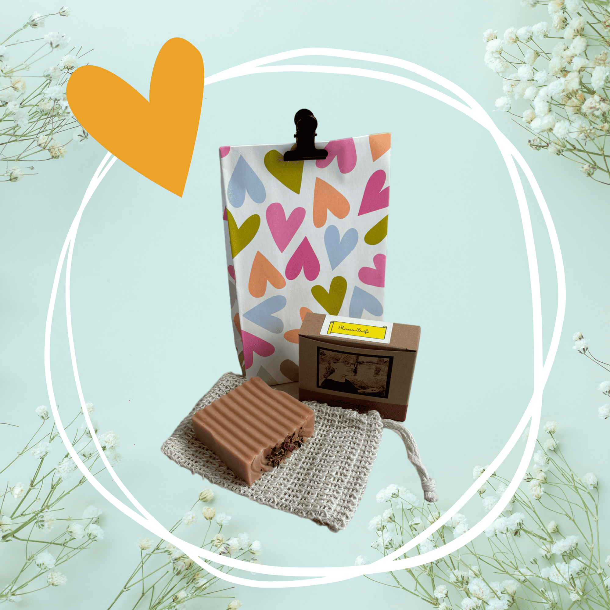 Geschenkset, Geschenkverpackungstüte mit Klemme, Seifenschachtel, Waschbeutel für Naturseife