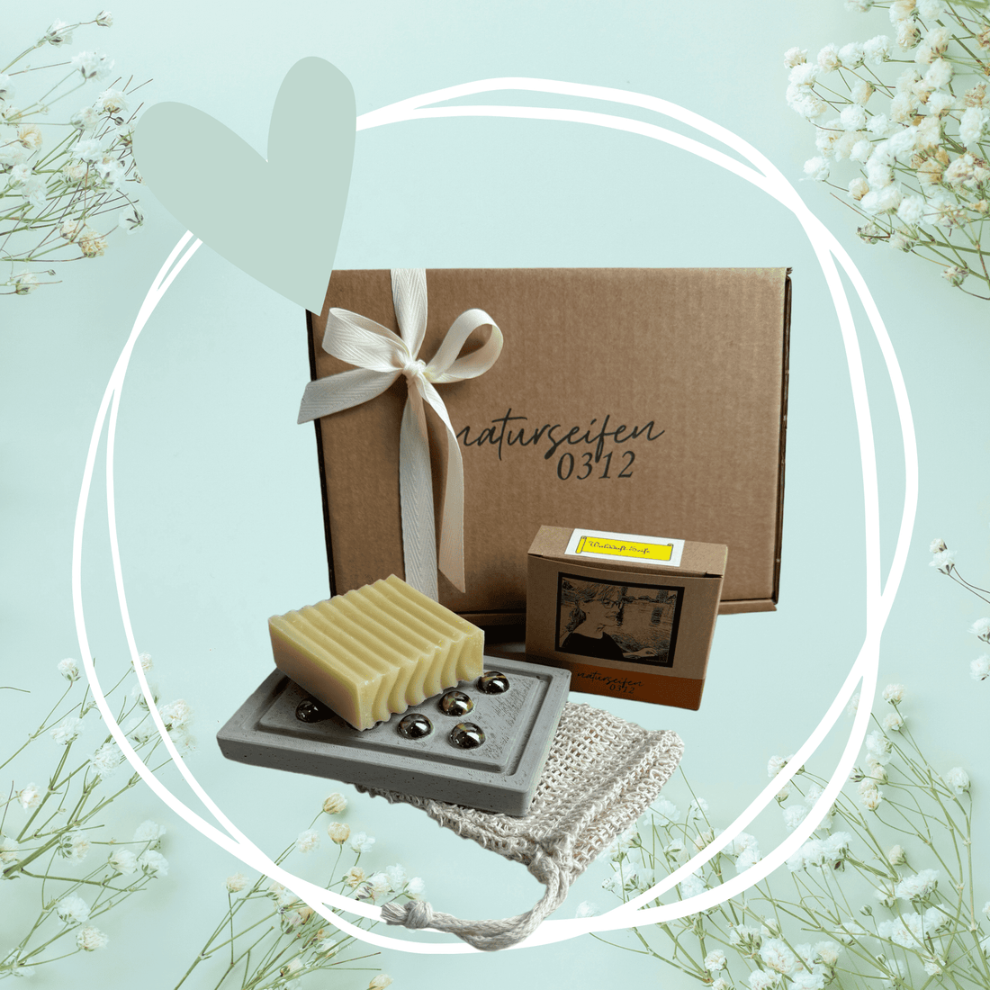 Geschenkset, Geschenkverpackung mit Logo Naturseifen0312, mit Schlaufe, Seifenschachtel, Waschbeutel für Naturseife, Seifenablage aus Beton
