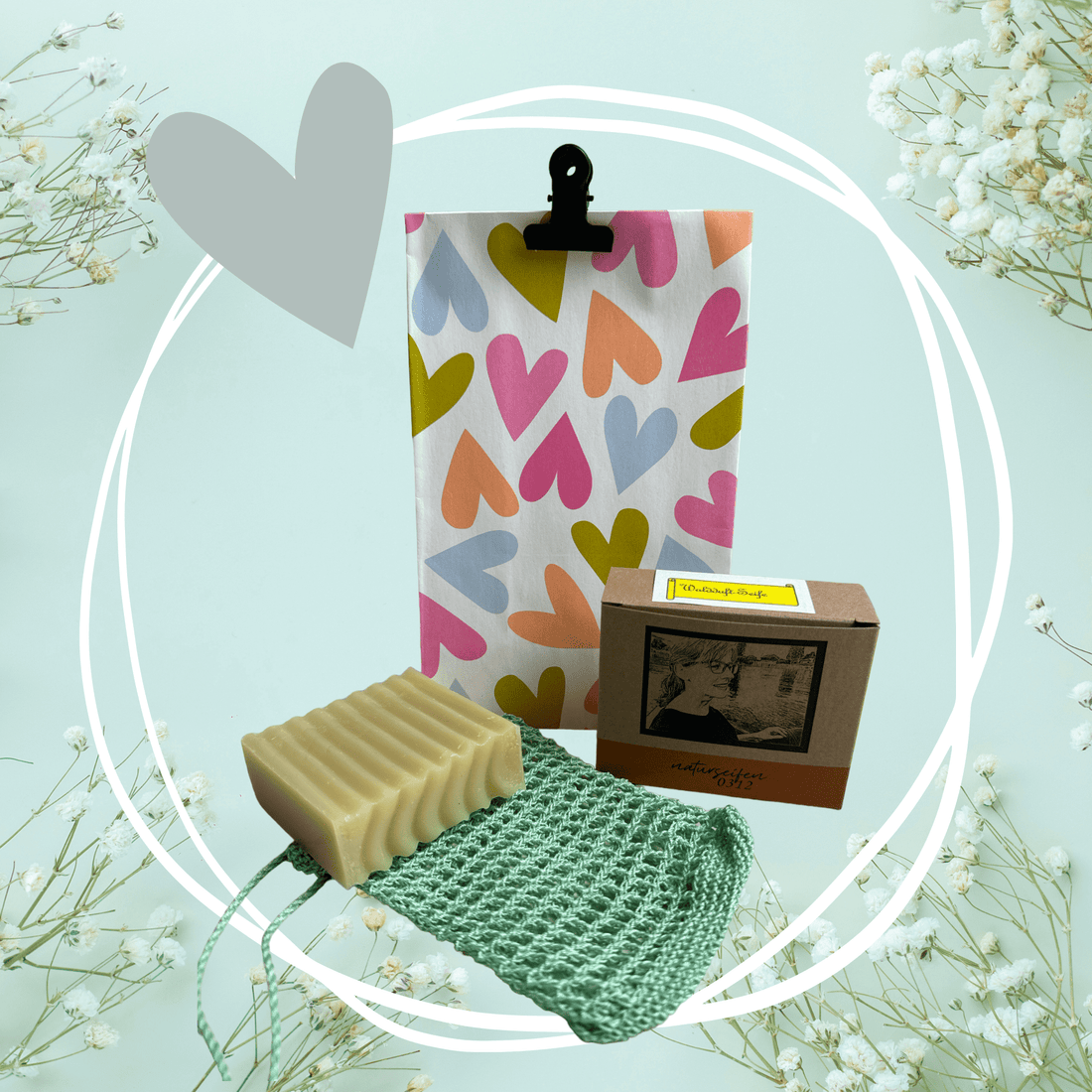 Geschenkset, Geschenkverpackungstüte, mit Klemme, Seifenschachtel für die Waldduft Naturseife, gehäkelter Waschbeutel grün