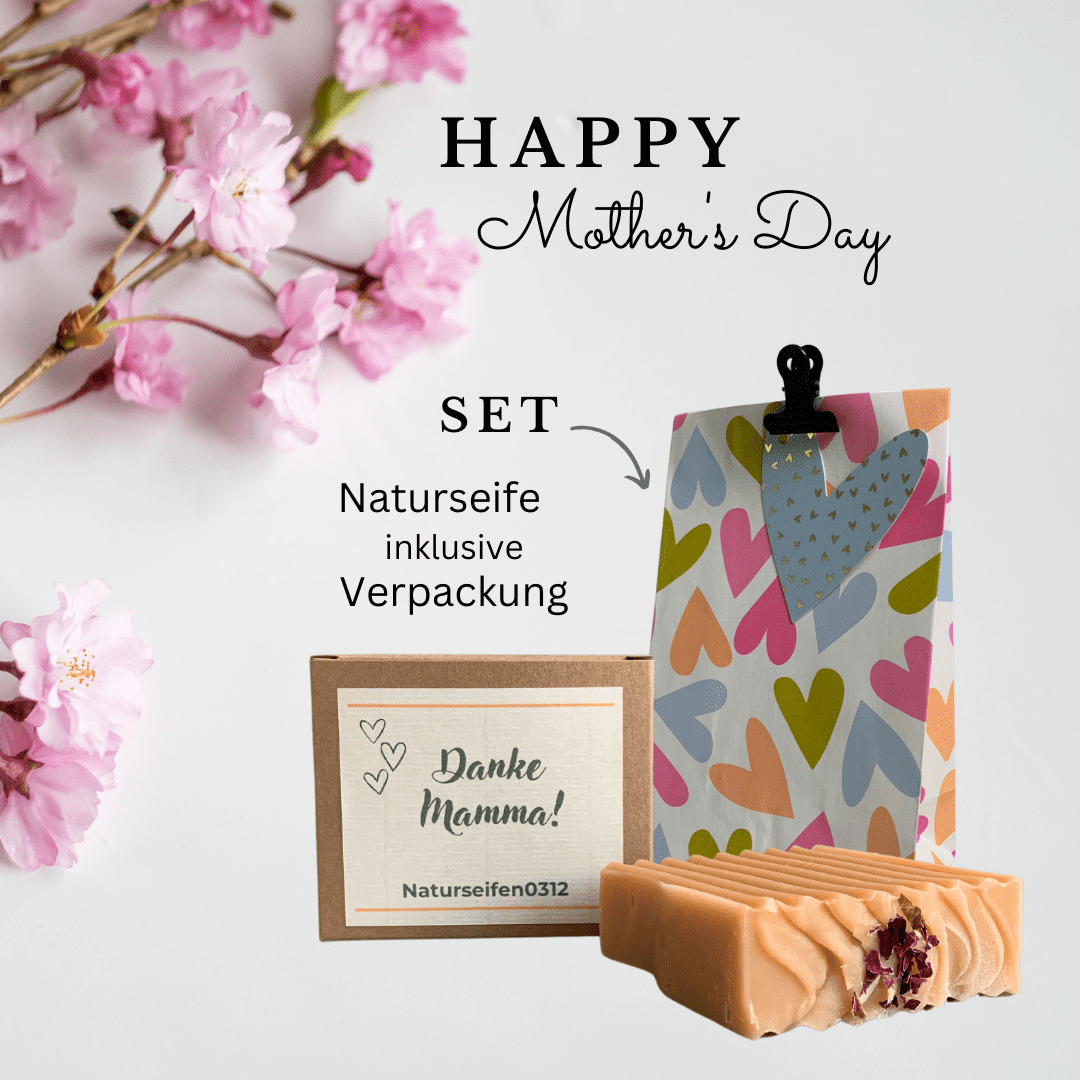 Geschenkset, Geschenkverpackungstüte, mit Klemme, Seifenschachtel mit der Etikette Danke Mamma