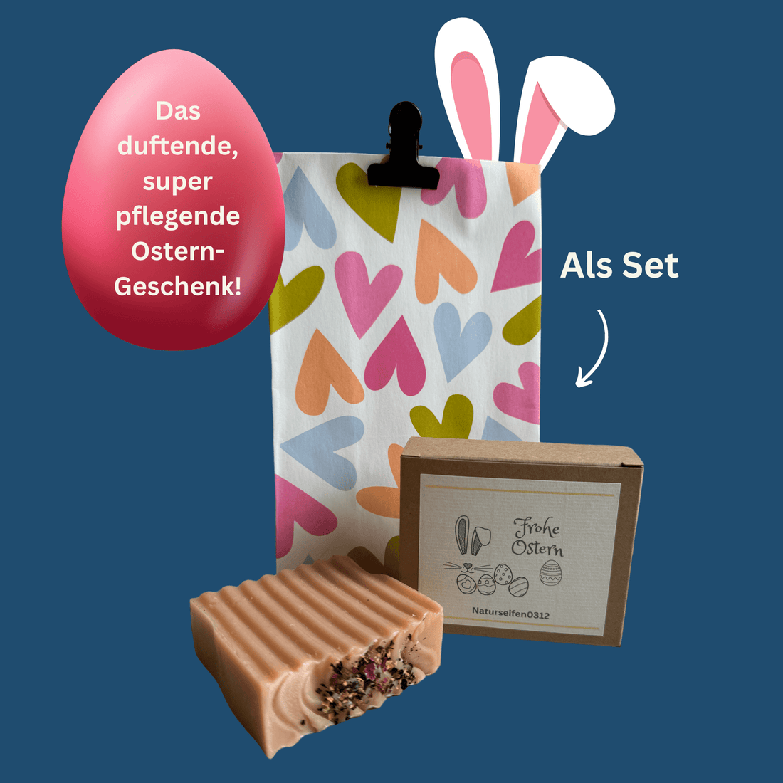 Geschenkset, Geschenkverpackungstüte, mit Klemme, Seifenschachtel mit der Etikette Frohe Ostern